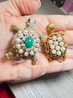 Vintage Turtle Brooches Set of 2 Faux Pearl Rhinestone Repair Upcycle
